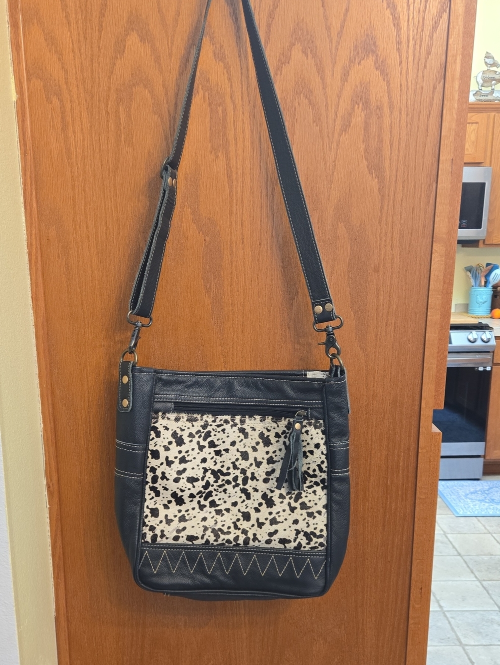 Myra Bag Black Crossbody with Cream Speckled Front Panel